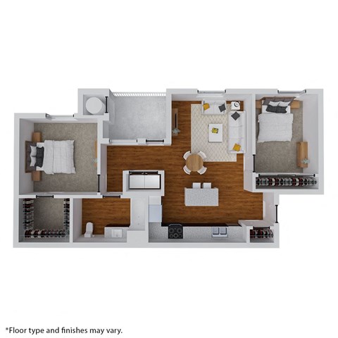 Floor plan for 2 beds, 1 bath, 936 sqft